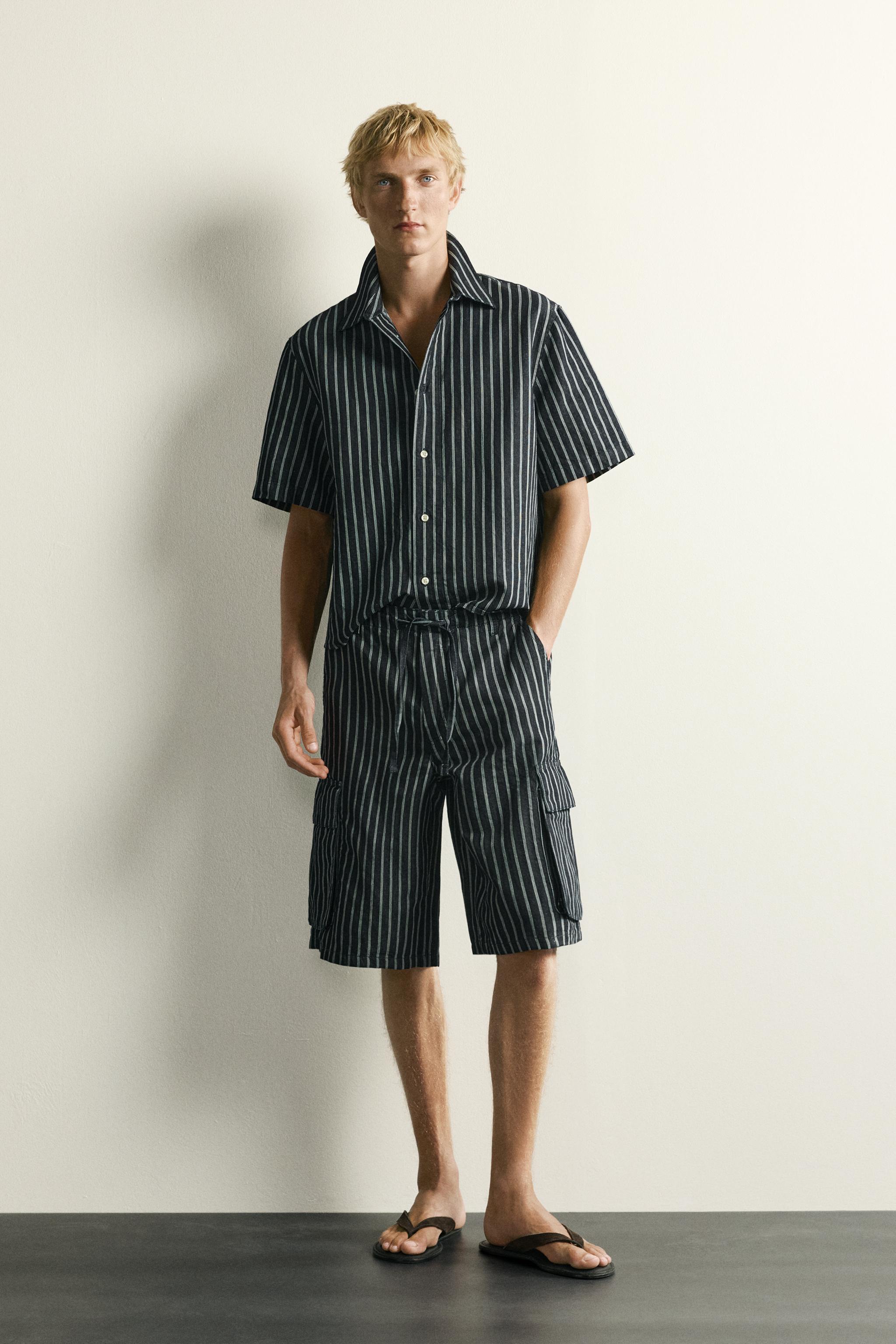 BERMUDA CARGO EN DENIM RAYÉ COTON-LIN
